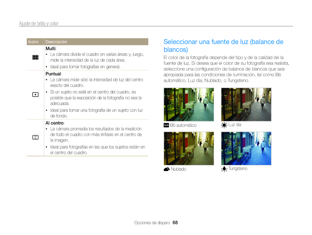 Samsung EC-ST95ZZBPLE1, EC-ST95ZZBPPE1, EC-ST95ZZBPBE1 manual Seleccionar una fuente de luz balance de blancos, Icono 