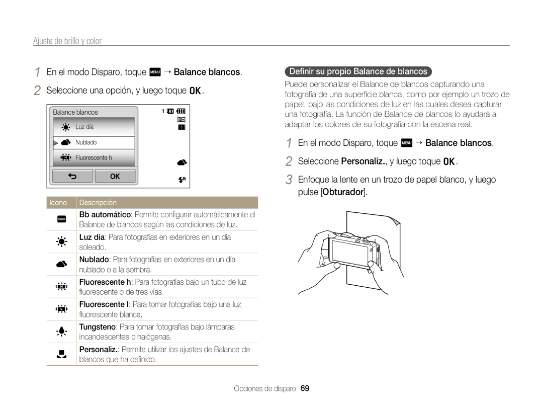 Samsung EC-ST95ZZBPBE1, EC-ST95ZZBPPE1, EC-ST95ZZBPLE1, EC-ST95ZZBPOE1 manual Deﬁnir su propio Balance de blancos 