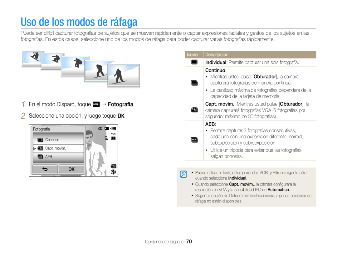 Samsung EC-ST95ZZBPOE1, EC-ST95ZZBPPE1, EC-ST95ZZBPLE1, EC-ST95ZZBPBE1 manual Uso de los modos de ráfaga 