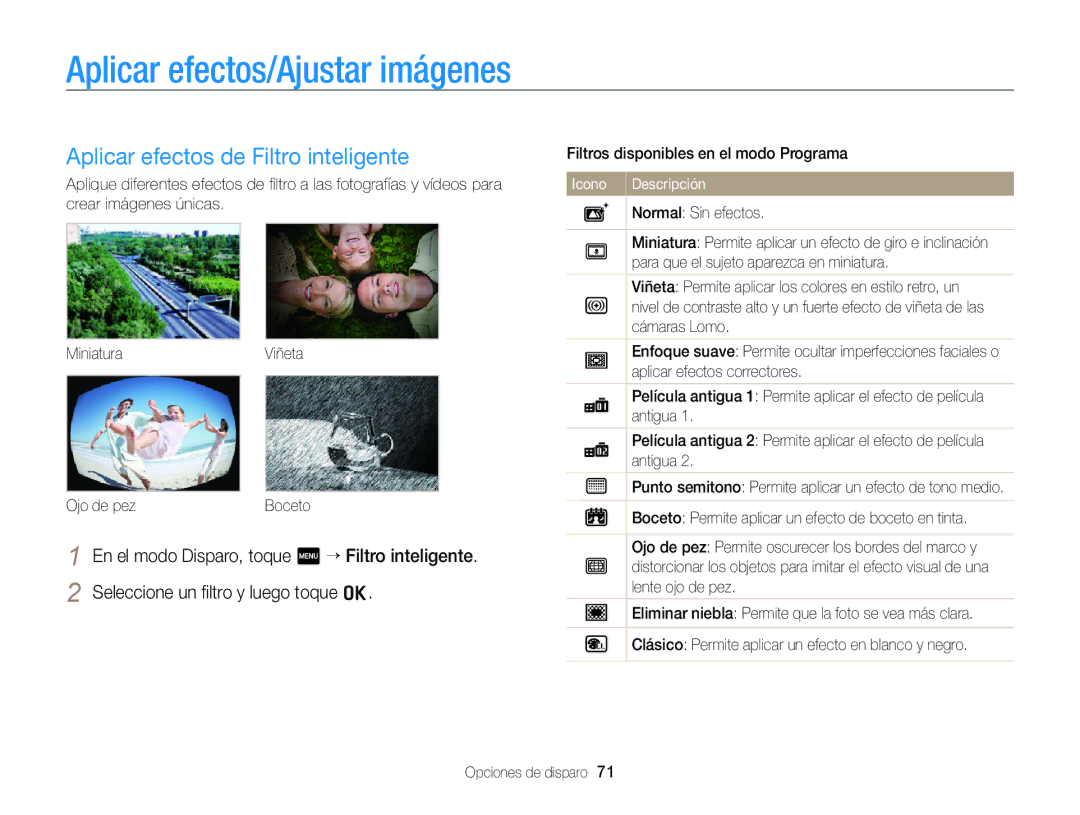 Samsung EC-ST95ZZBPPE1, EC-ST95ZZBPLE1 manual Aplicar efectos/Ajustar imágenes, Aplicar efectos de Filtro inteligente 