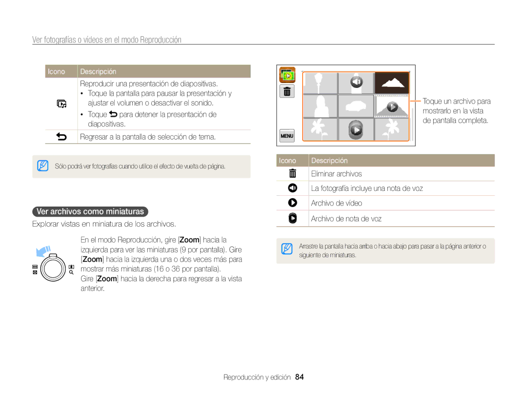 Samsung EC-ST95ZZBPLE1, EC-ST95ZZBPPE1 manual Ver archivos como miniaturas, Explorar vistas en miniatura de los archivos 