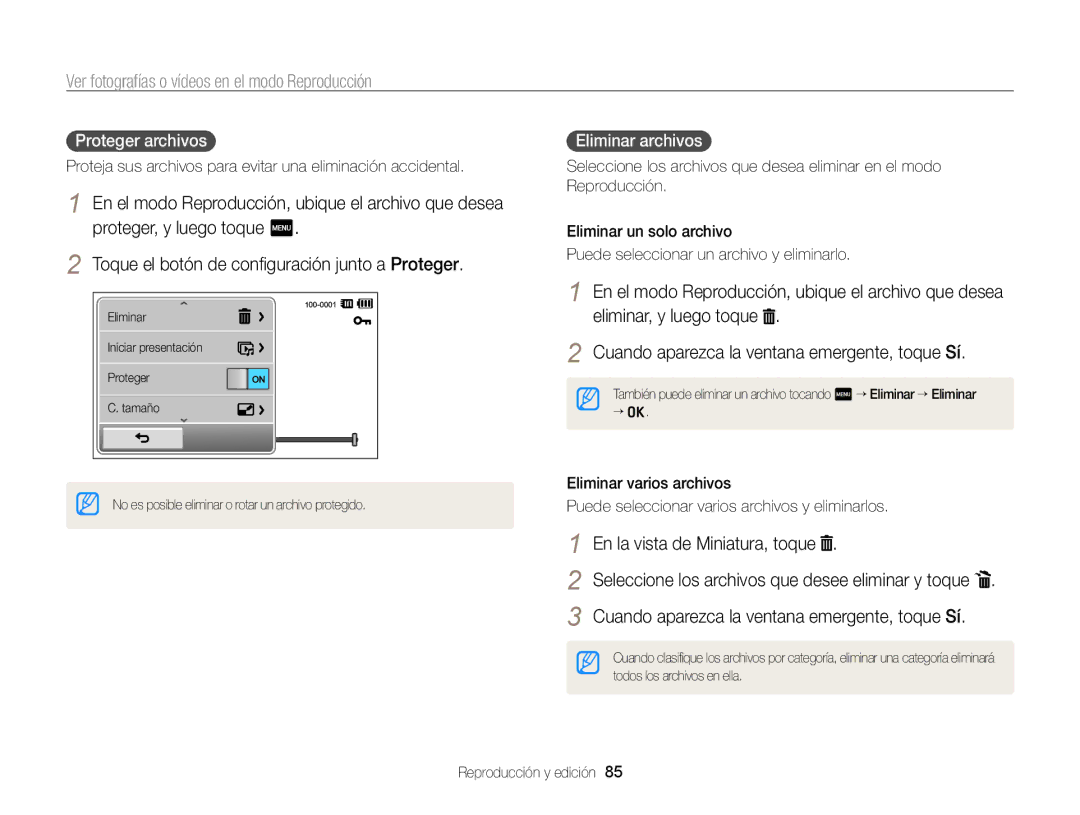 Samsung EC-ST95ZZBPBE1 Proteger archivos, Eliminar archivos, Proteja sus archivos para evitar una eliminación accidental 