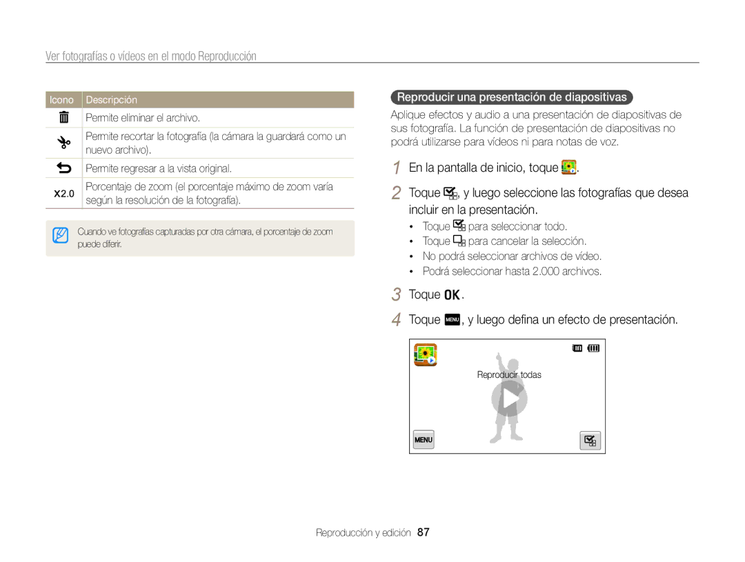 Samsung EC-ST95ZZBPPE1 manual Incluir en la presentación, Toque o Toque m, y luego deﬁna un efecto de presentación 