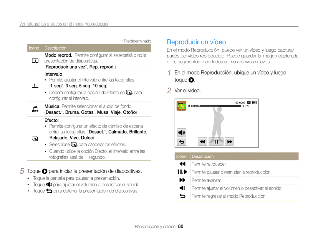 Samsung EC-ST95ZZBPLE1 manual Reproducir un vídeo, Toque para iniciar la presentación de diapositivas, Permite retroceder 