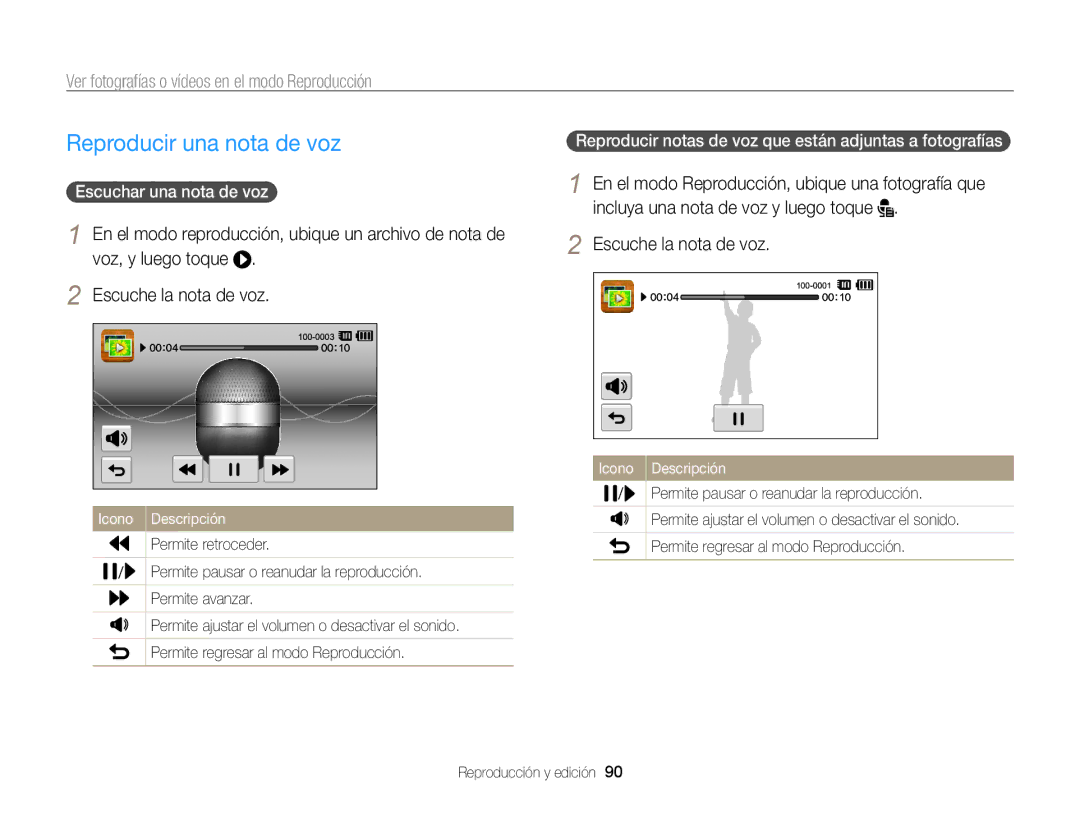 Samsung EC-ST95ZZBPOE1, EC-ST95ZZBPPE1, EC-ST95ZZBPLE1, EC-ST95ZZBPBE1 Reproducir una nota de voz, Escuchar una nota de voz 