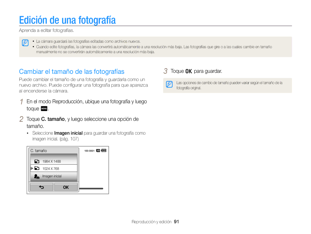 Samsung EC-ST95ZZBPPE1 manual Edición de una fotografía, Cambiar el tamaño de las fotografías, Aprenda a editar fotografías 