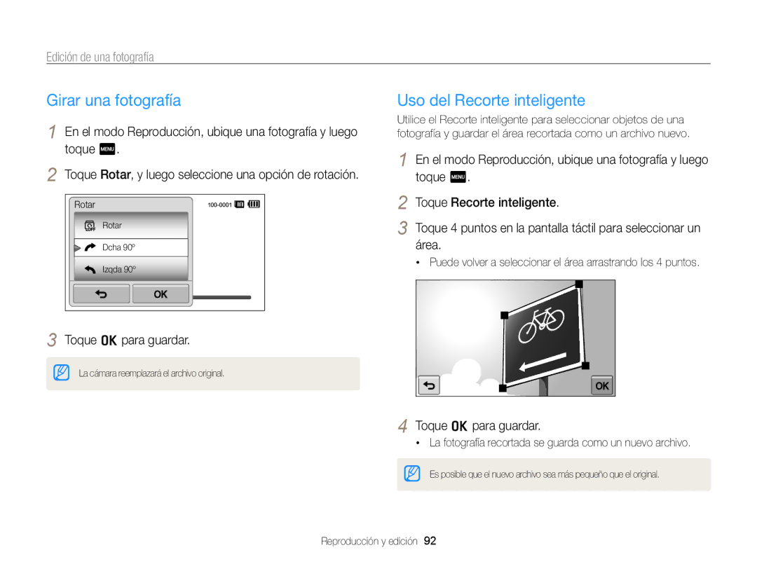 Samsung EC-ST95ZZBPLE1, EC-ST95ZZBPPE1 manual Girar una fotografía, Uso del Recorte inteligente, Edición de una fotografía 