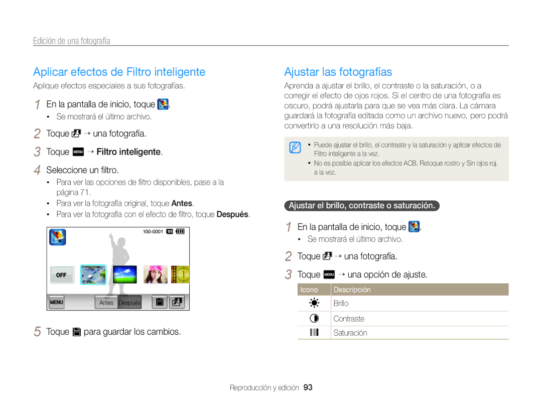 Samsung EC-ST95ZZBPBE1 manual Toque s para guardar los cambios, Toque “ una fotografía Toque m “ una opción de ajuste 