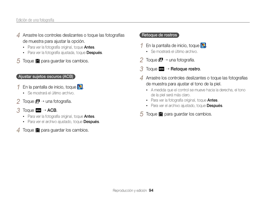Samsung EC-ST95ZZBPOE1 manual Toque “ una fotografía Toque m “ ACB, Toque “ una fotografía Toque m “ Retoque rostro 