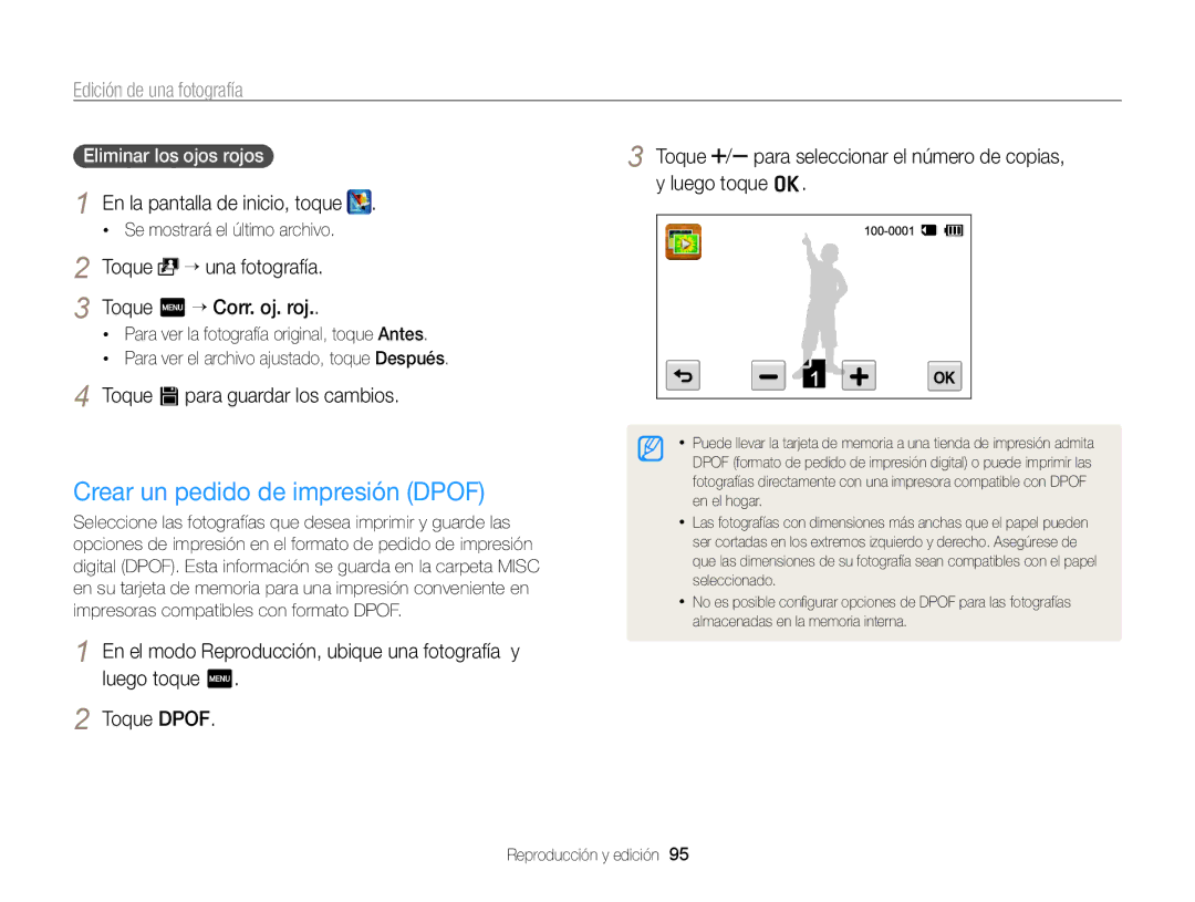 Samsung EC-ST95ZZBPPE1, EC-ST95ZZBPLE1 Crear un pedido de impresión Dpof, Toque “ una fotografía Toque m “ Corr. oj. roj 