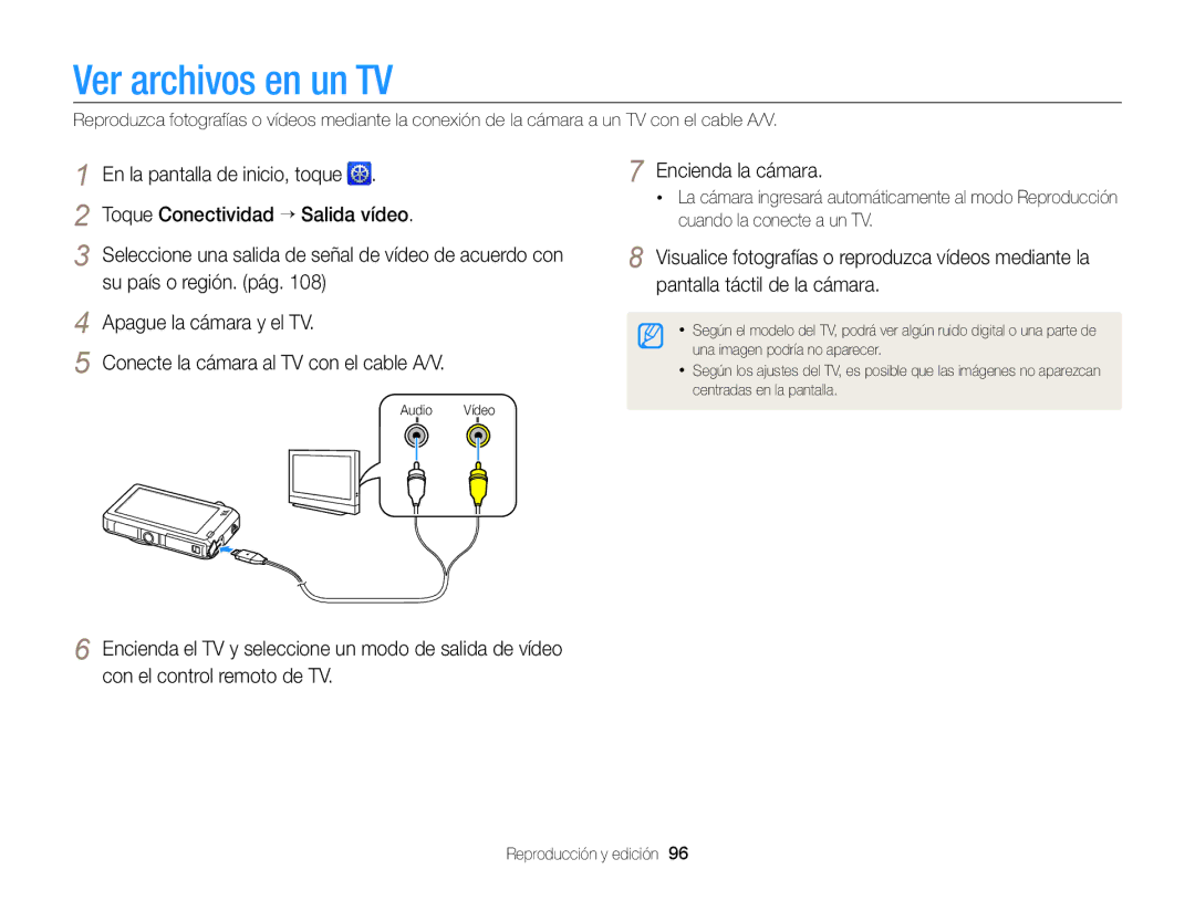 Samsung EC-ST95ZZBPLE1 manual Ver archivos en un TV, Su país o región. pág Apague la cámara y el TV, Encienda la cámara 