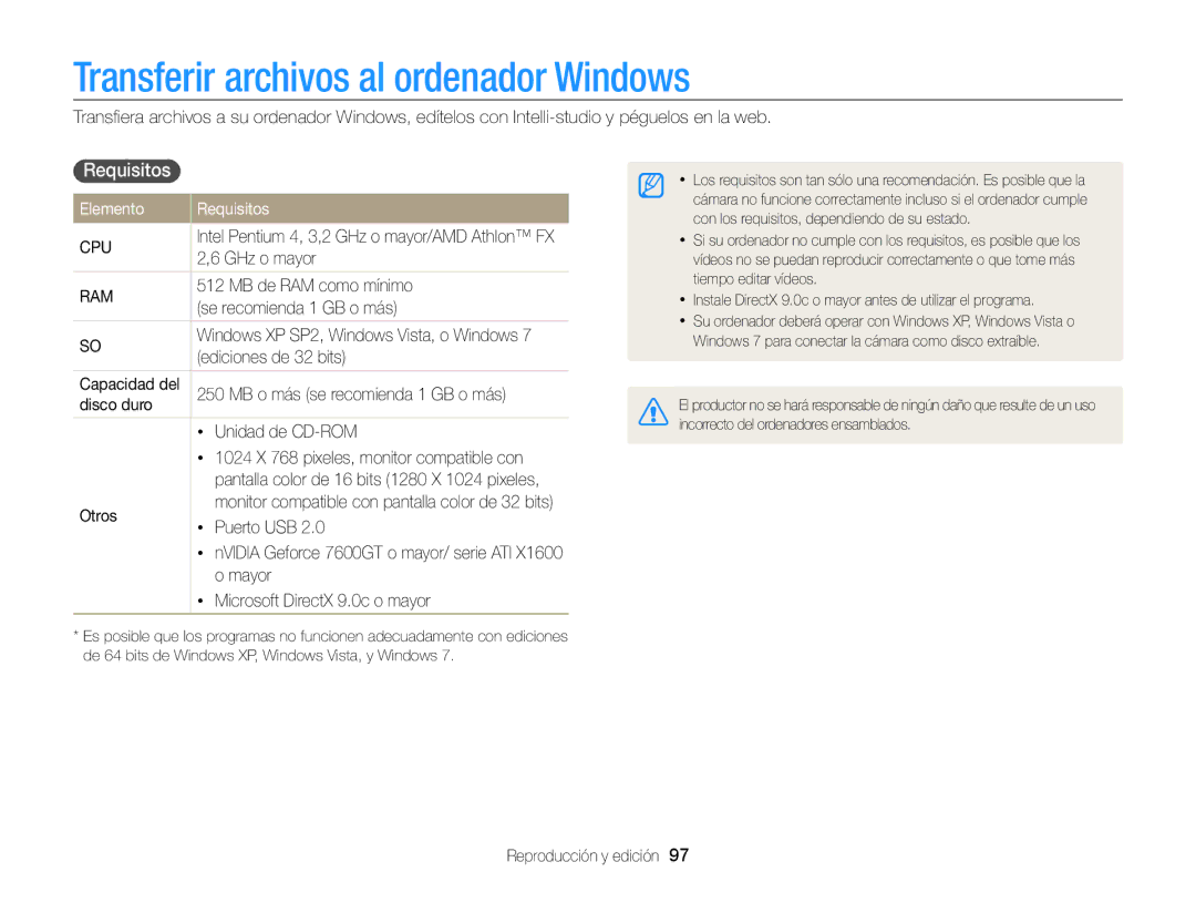 Samsung EC-ST95ZZBPBE1, EC-ST95ZZBPPE1, EC-ST95ZZBPLE1 Transferir archivos al ordenador Windows, Elemento Requisitos 