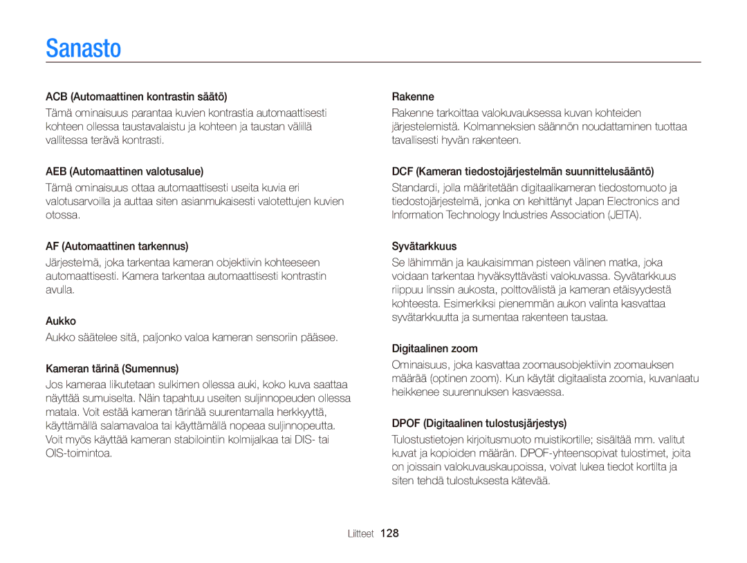 Samsung EC-ST95ZZBPSE2, EC-ST95ZZBPPE2, EC-ST95ZZBPOE2, EC-ST95ZZBPBE2, EC-ST95ZZBPLE2 manual Sanasto, Syvätarkkuus 