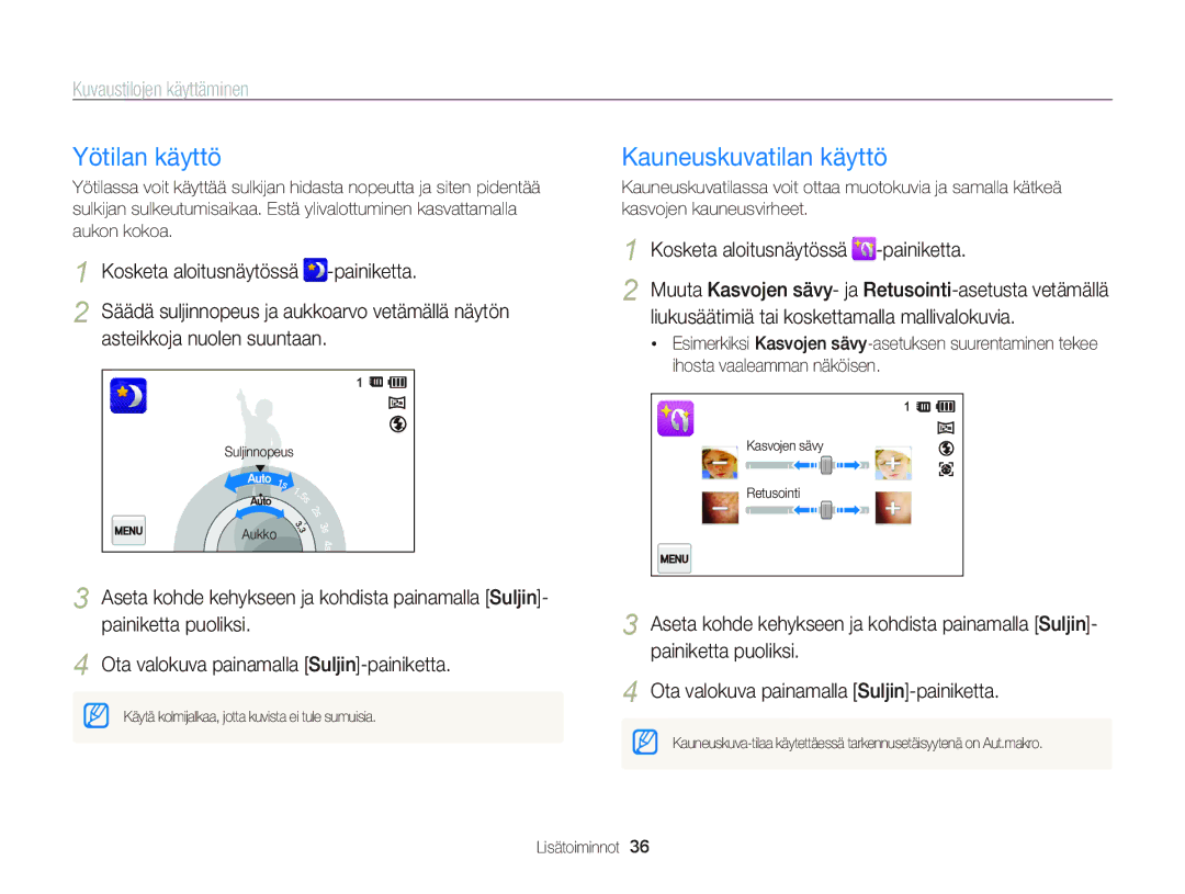 Samsung EC-ST95ZZBPBE2 manual Yötilan käyttö, Kauneuskuvatilan käyttö, Liukusäätimiä tai koskettamalla mallivalokuvia 