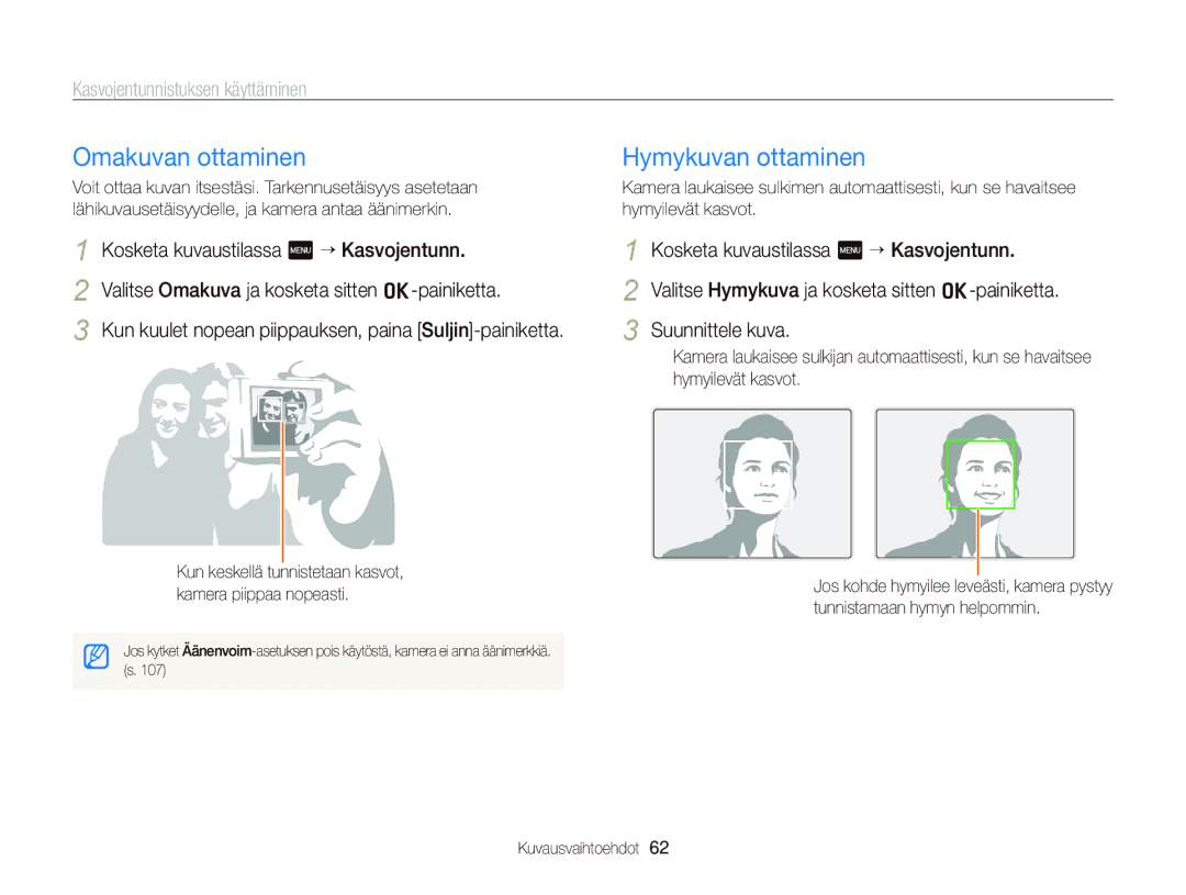 Samsung EC-ST95ZZBPLE2, EC-ST95ZZBPPE2 manual Omakuvan ottaminen, Hymykuvan ottaminen, Kasvojentunnistuksen käyttäminen 
