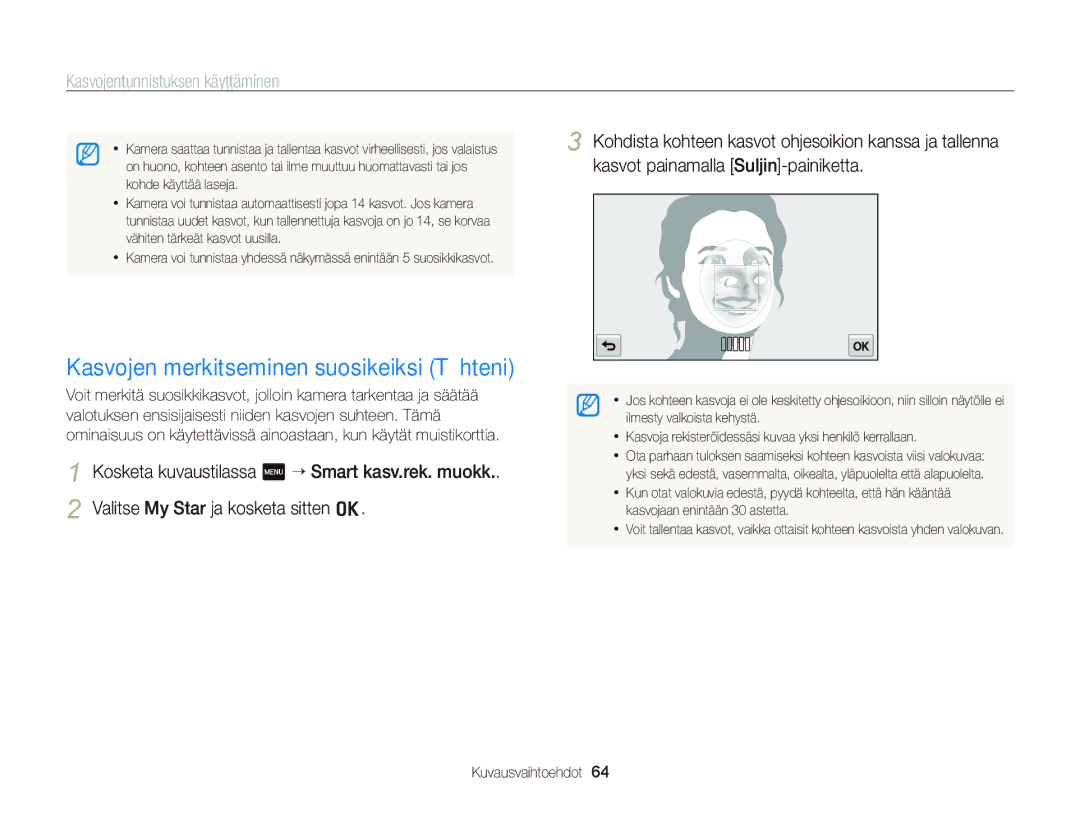 Samsung EC-ST95ZZBPPE2, EC-ST95ZZBPOE2, EC-ST95ZZBPBE2, EC-ST95ZZBPLE2 manual Kasvojen merkitseminen suosikeiksi Tähteni 