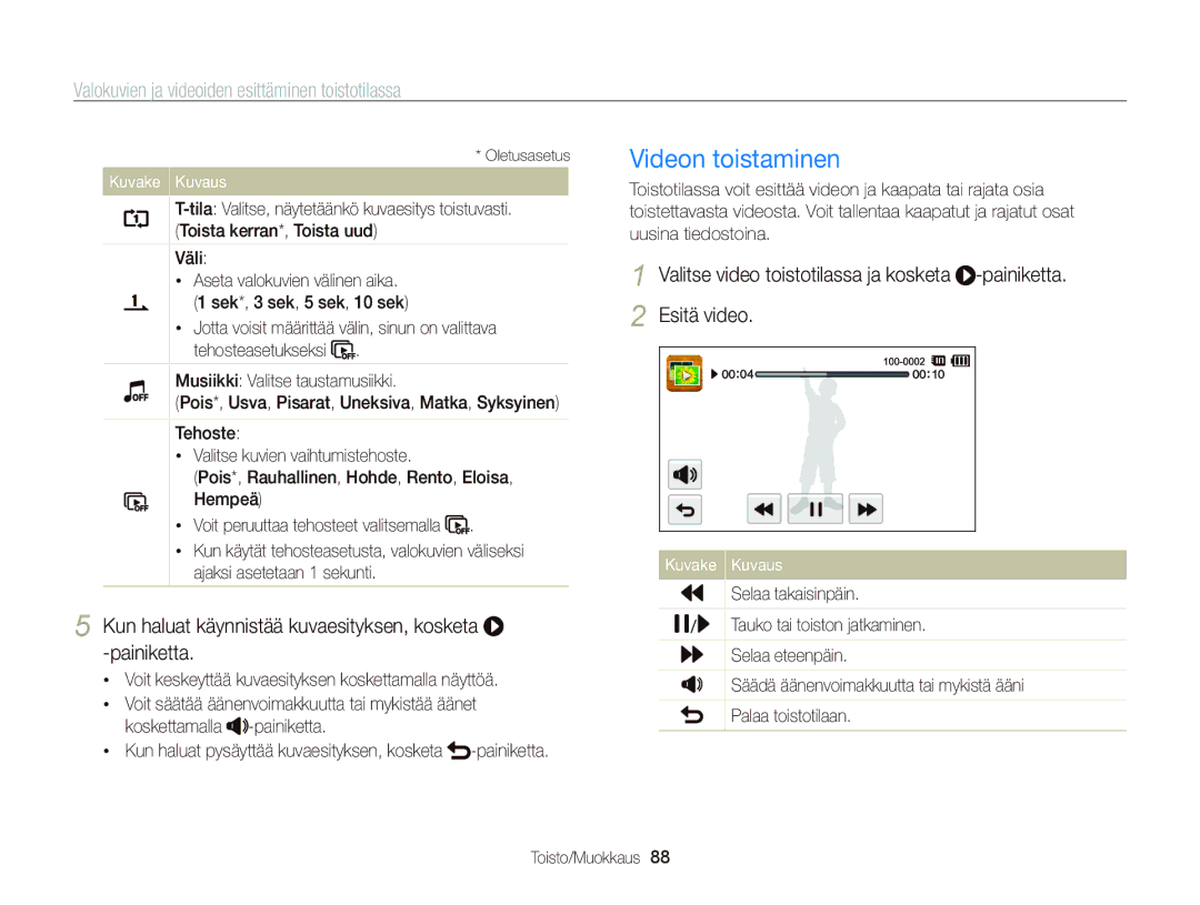 Samsung EC-ST95ZZBPSE2 Videon toistaminen, Kun haluat käynnistää kuvaesityksen, kosketa -painiketta, Selaa takaisinpäin 