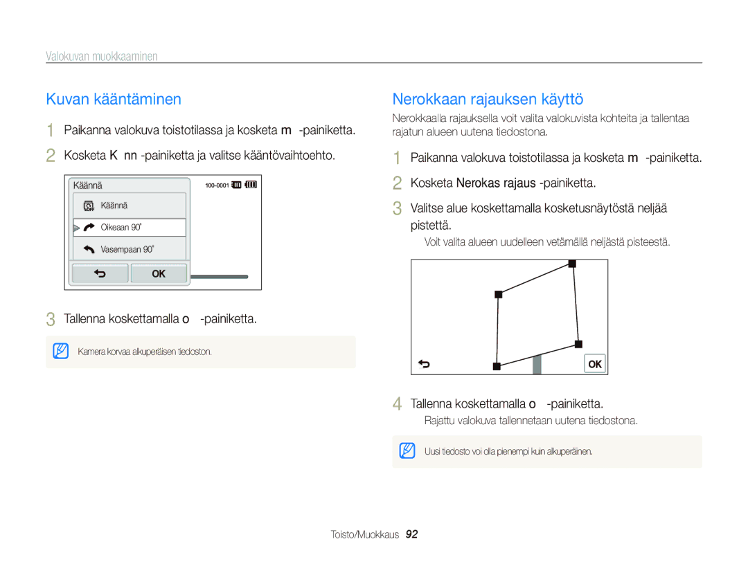 Samsung EC-ST95ZZBPLE2, EC-ST95ZZBPPE2 manual Kuvan kääntäminen, Nerokkaan rajauksen käyttö, Valokuvan muokkaaminen 