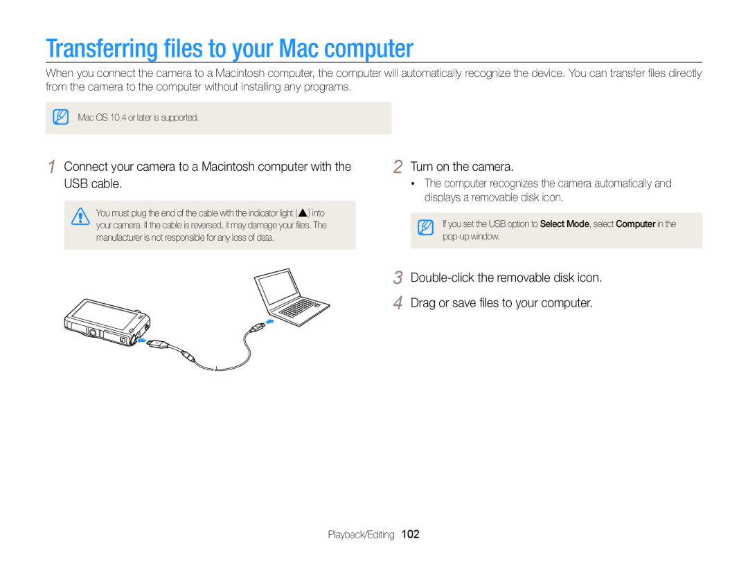 Samsung EC-ST95ZZBPSRU, EC-ST95ZZBPSE1, EC-ST95ZZBPPE1, EC-ST95ZZBPLE1, EC-ST95ZZDPBZA Transferring ﬁles to your Mac computer 