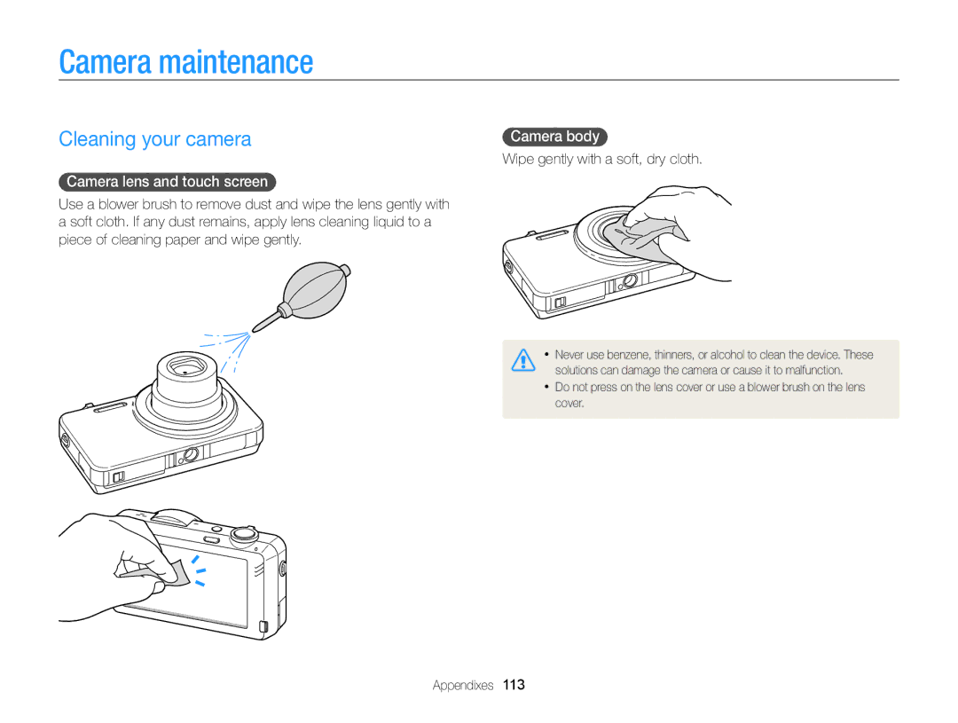 Samsung EC-ST95ZZBPSE3, EC-ST95ZZBPSE1 Camera maintenance, Cleaning your camera, Camera lens and touch screen, Camera body 