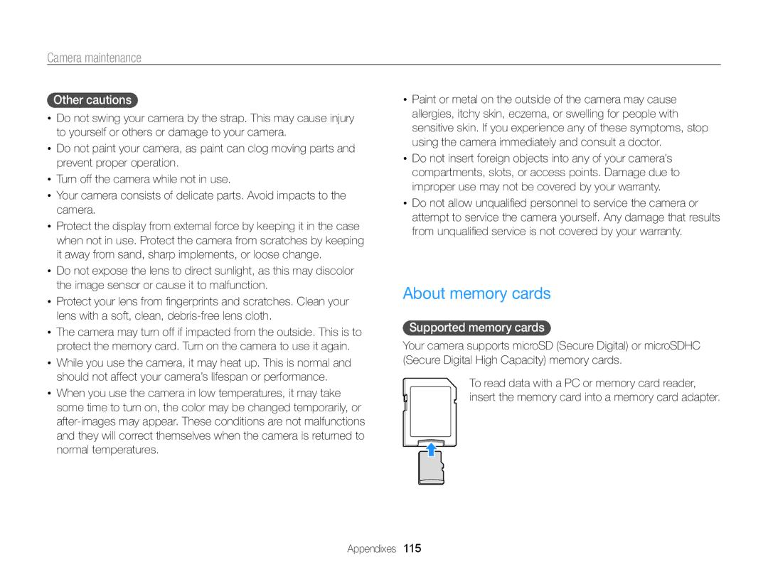 Samsung EC-ST95ZZBPBE3, EC-ST95ZZBPSE1, EC-ST95ZZBPPE1 manual About memory cards, Other cautions, Supported memory cards 