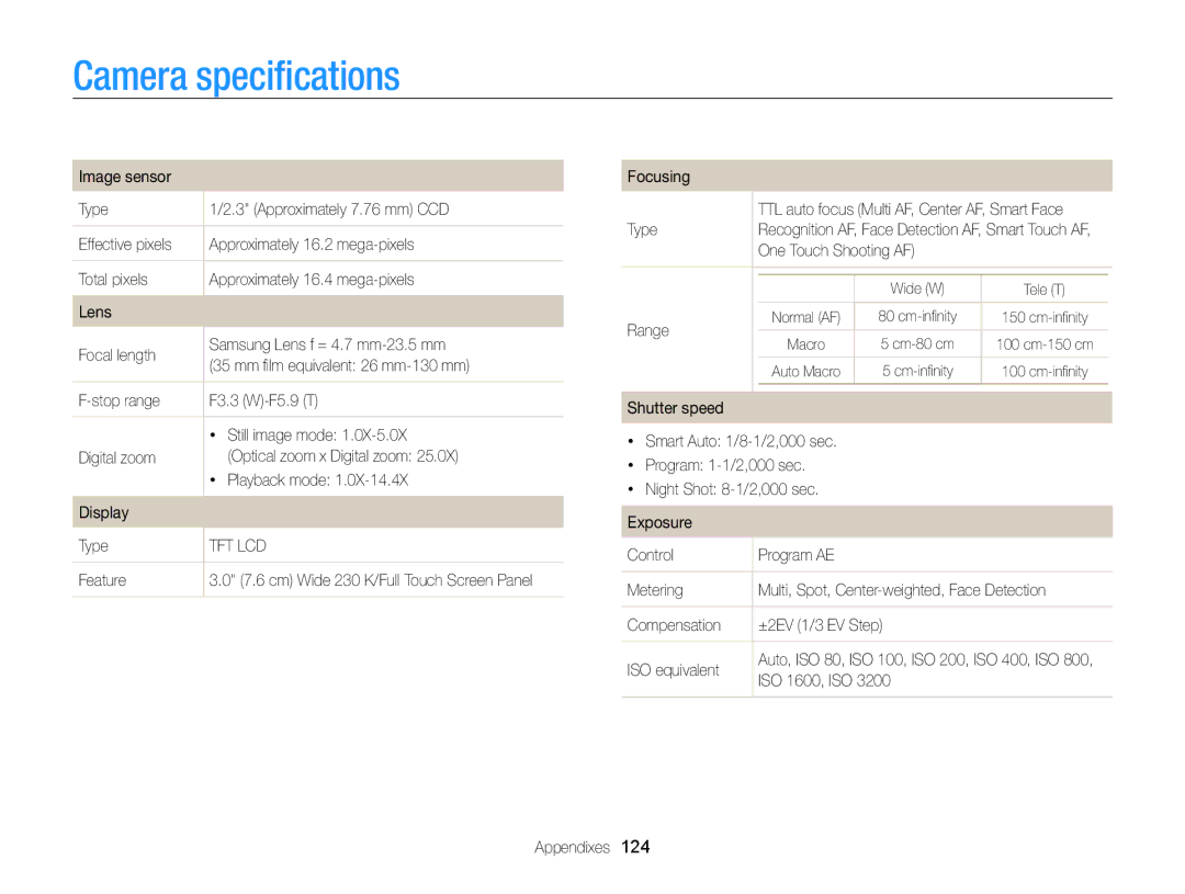 Samsung EC-ST95ZZBPLRU, EC-ST95ZZBPSE1, EC-ST95ZZBPPE1, EC-ST95ZZBPLE1, EC-ST95ZZDPBZA, EC-ST95ZZBPBE1 Camera speciﬁcations 