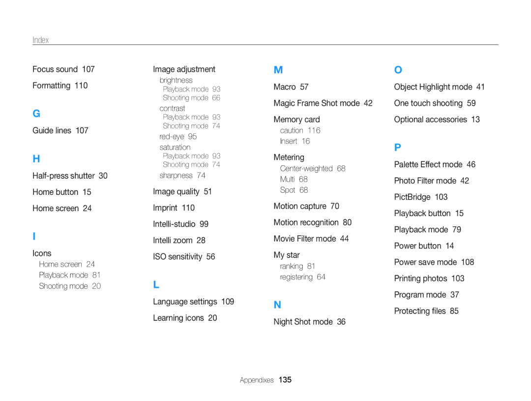 Samsung EC-ST95ZZBPLE3 manual Index, Red-eye 95 saturation, Sharpness, Center-weighted Multi Spot, Ranking 81 registering 