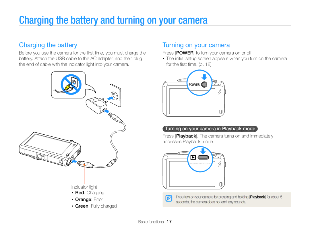 Samsung EC-ST95ZZBPBRU, EC-ST95ZZBPSE1 manual Charging the battery and turning on your camera, Turning on your camera 