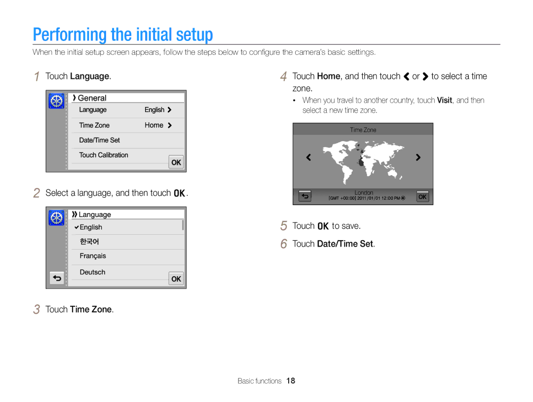 Samsung EC-ST95ZZBPSRU, EC-ST95ZZBPSE1 Performing the initial setup, Touch Language, Touch o to save, Touch Time Zone 