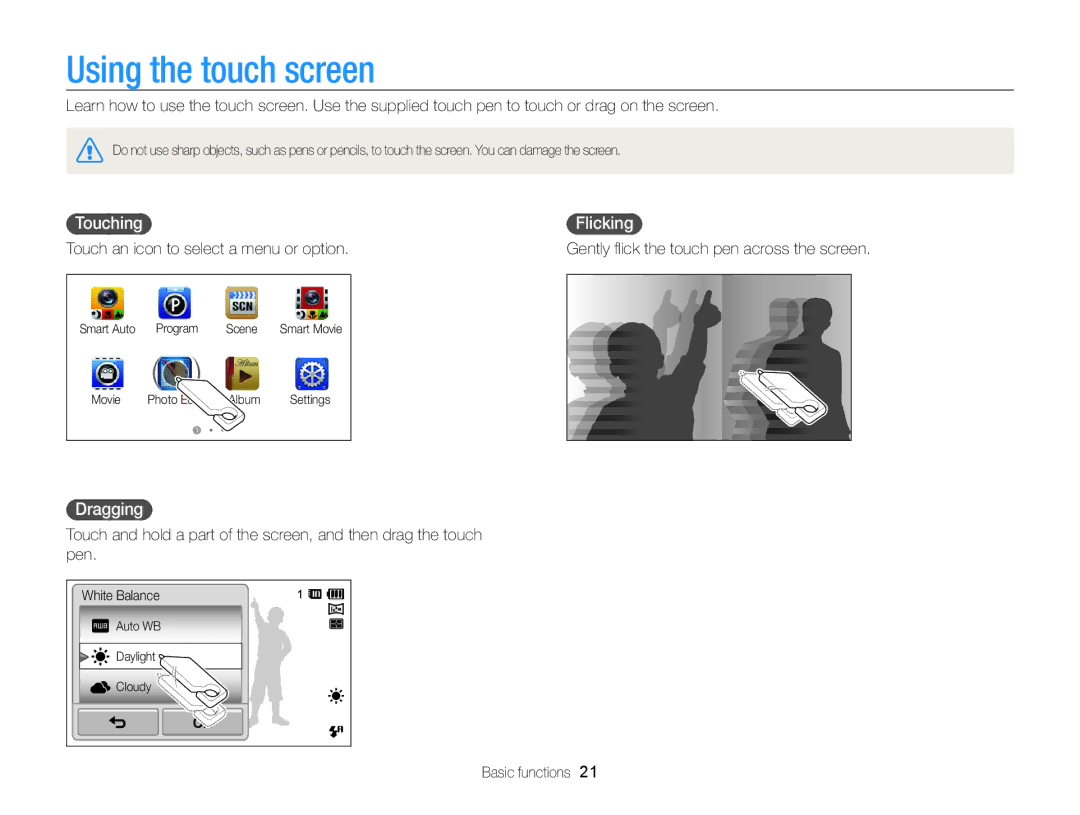 Samsung EC-ST95ZZBPPE1, EC-ST95ZZBPSE1, EC-ST95ZZBPLE1, EC-ST95ZZDPBZA Using the touch screen, Touching, Flicking, Dragging 