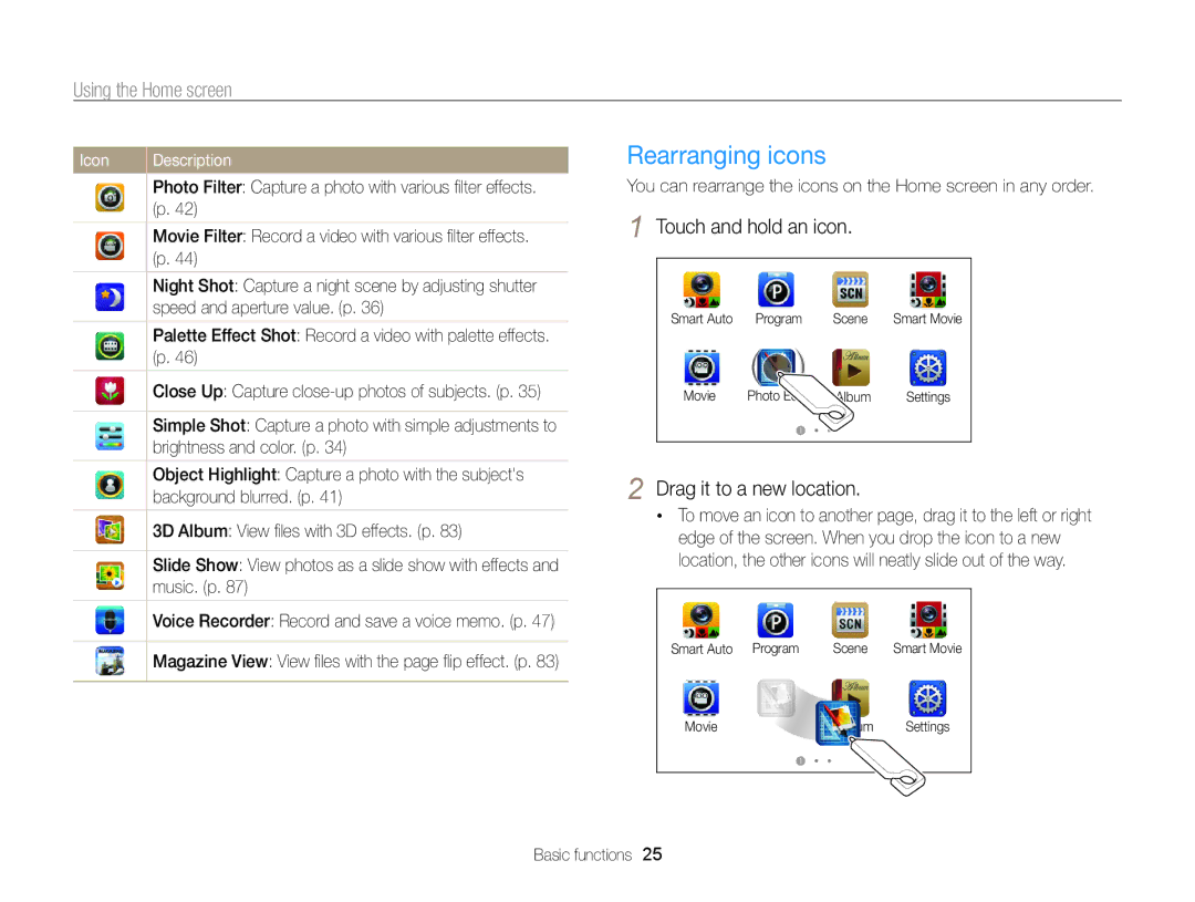 Samsung EC-ST95ZZDPSZA manual Rearranging icons, Using the Home screen, Touch and hold an icon, Drag it to a new location 