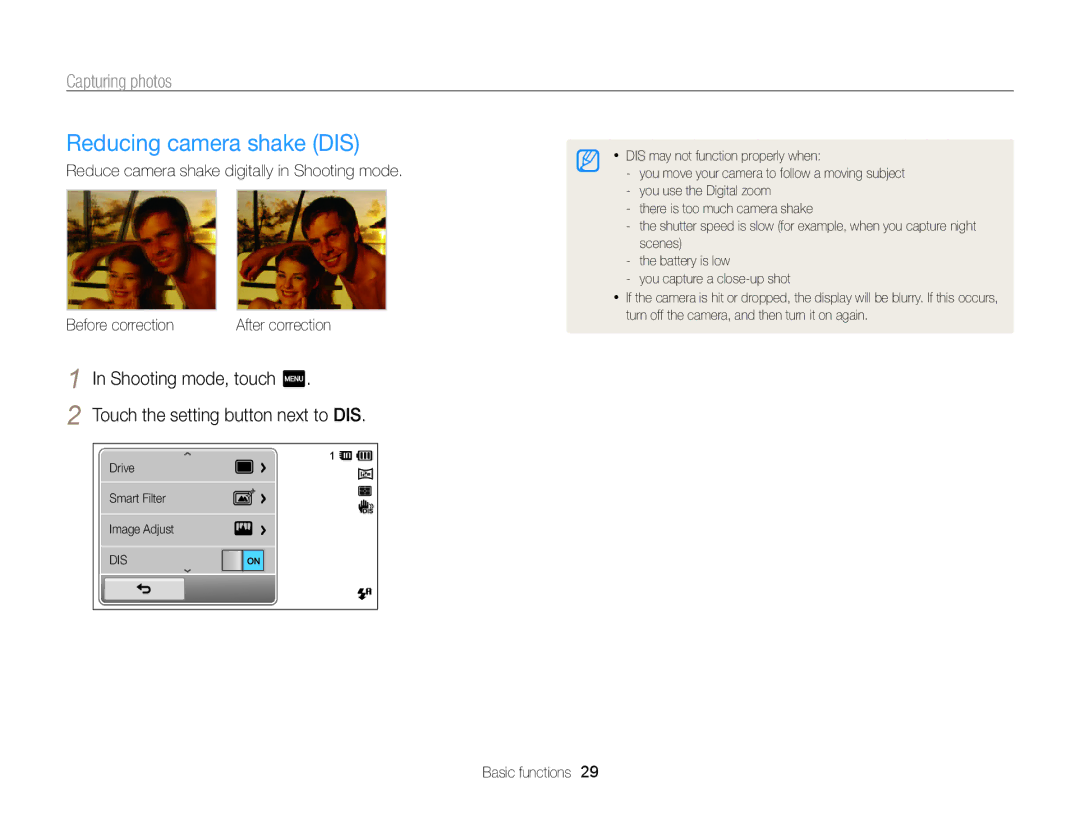 Samsung EC-ST95ZZBPSE3 manual Reducing camera shake DIS, Shooting mode, touch m Touch the setting button next to DIS 