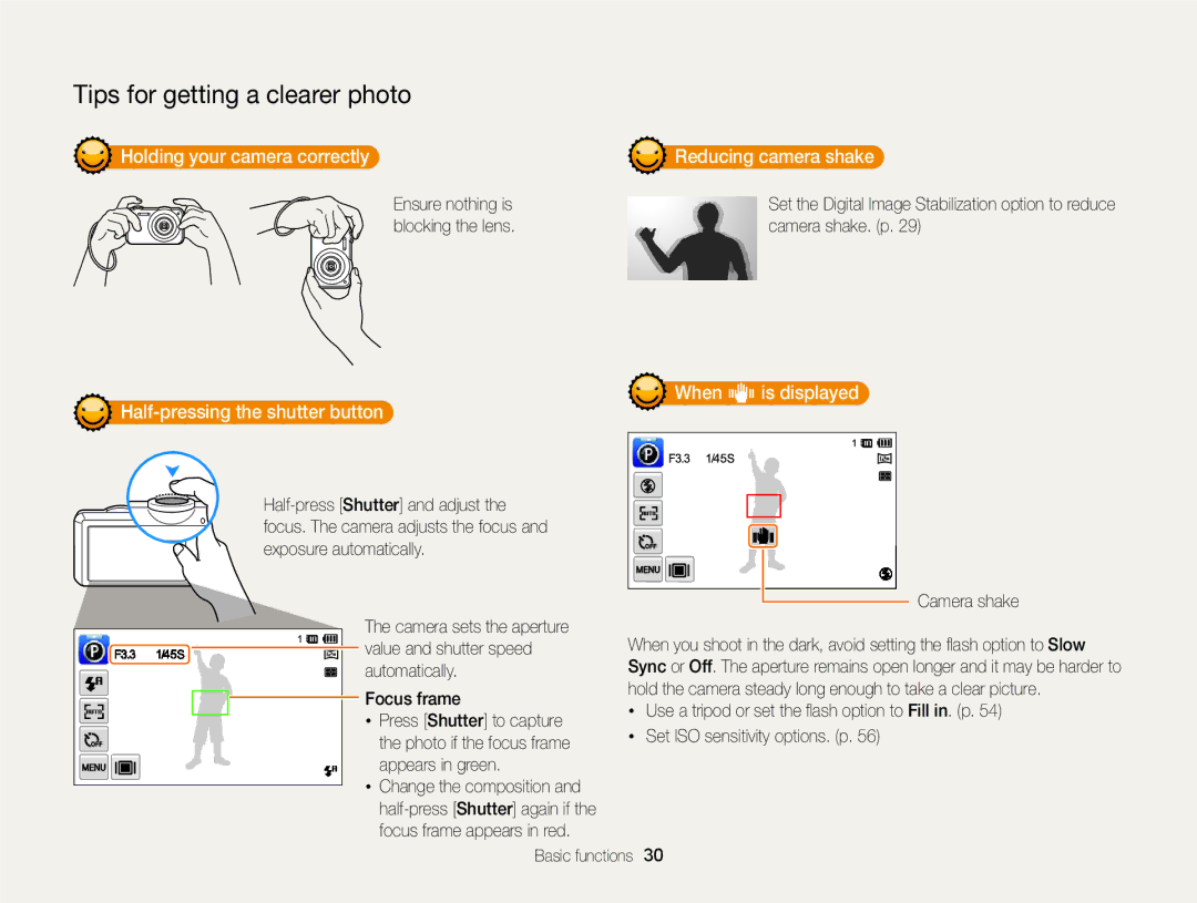 Samsung EC-ST95ZZBPLE3 manual Holding your camera correctly Reducing camera shake, Half-pressing the shutter button 