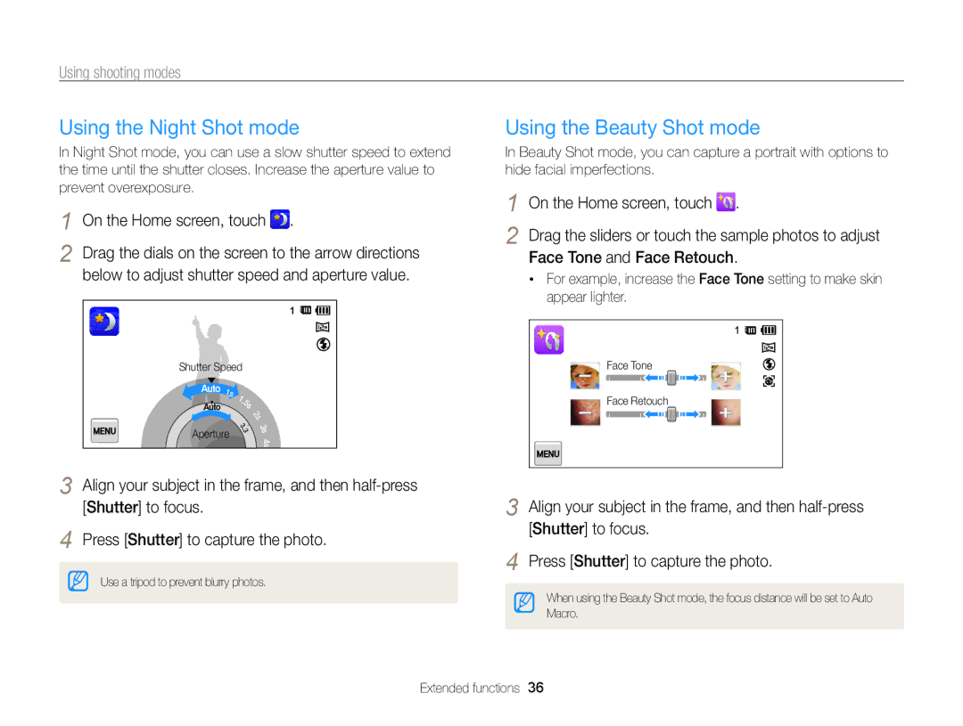 Samsung EC-ST95ZZBPLE2, EC-ST95ZZBPSE1 Using the Night Shot mode, Using the Beauty Shot mode, Face Tone and Face Retouch 