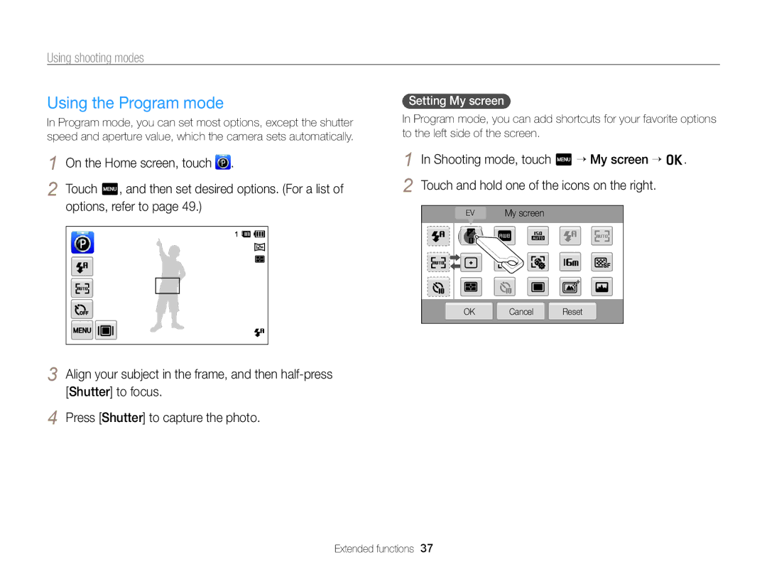 Samsung EC-ST95ZZBPSE2, EC-ST95ZZBPSE1, EC-ST95ZZBPPE1 manual Using the Program mode, Options, refer to, Setting My screen 