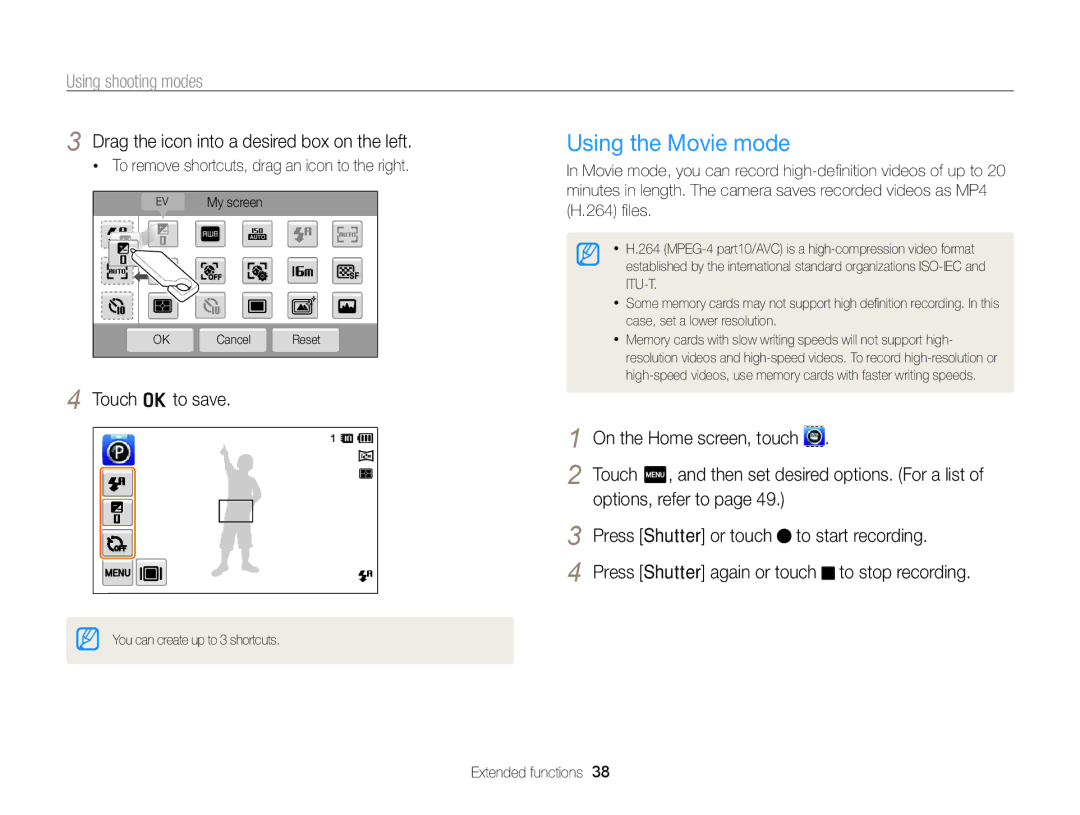 Samsung EC-ST95ZZBPBRU, EC-ST95ZZBPSE1, EC-ST95ZZBPPE1 Using the Movie mode, Drag the icon into a desired box on the left 