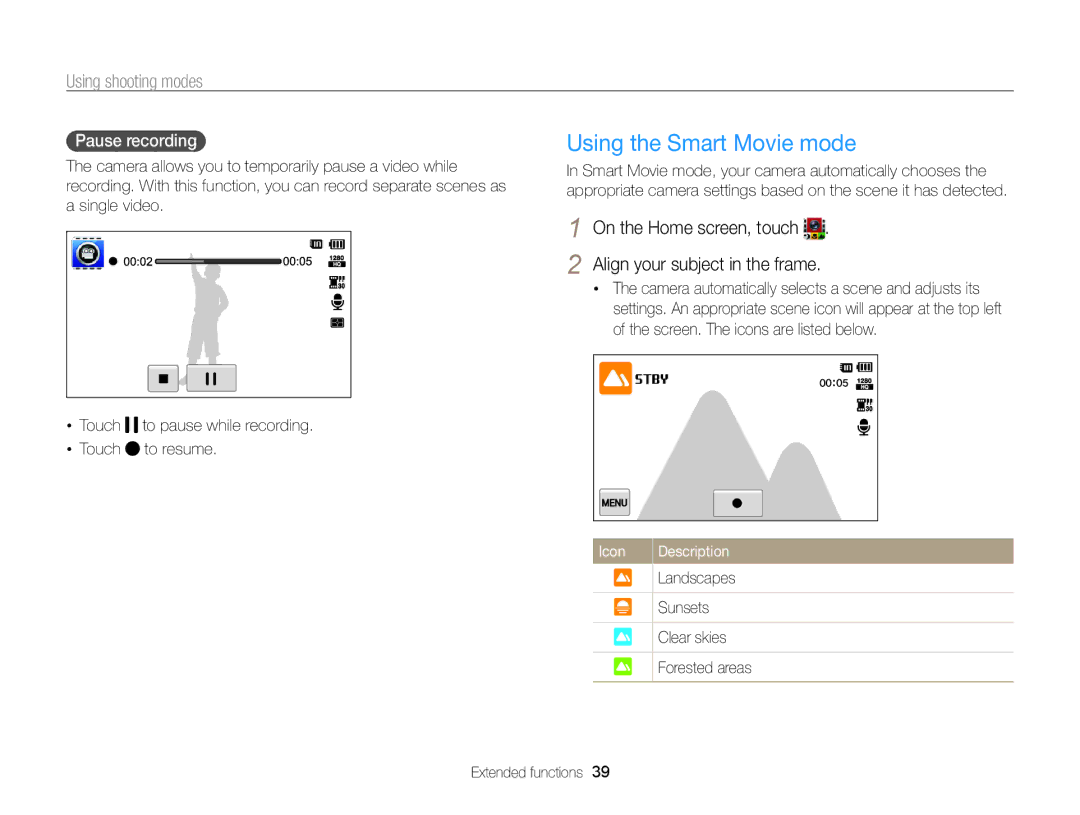 Samsung EC-ST95ZZBPSRU, EC-ST95ZZBPSE1, EC-ST95ZZBPPE1 manual Using the Smart Movie mode, Pause recording, Landscapes 