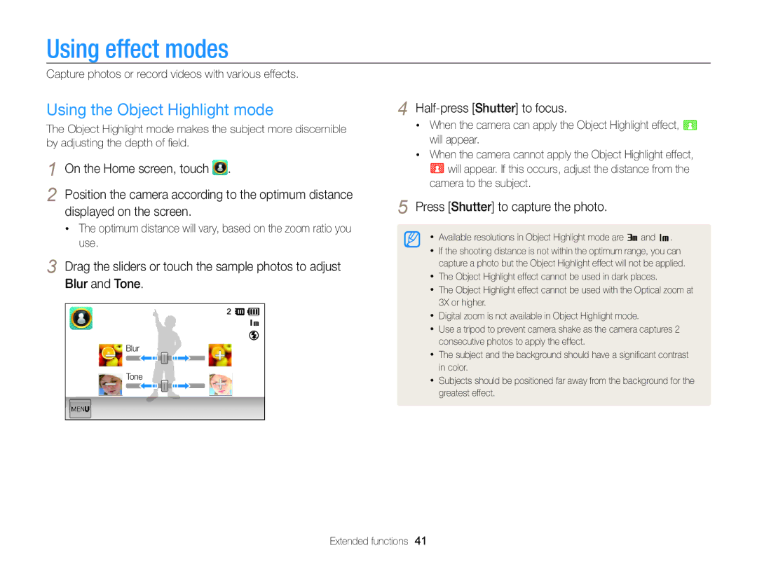 Samsung EC-ST95ZZBPSE1 manual Using effect modes, Using the Object Highlight mode, Displayed on the screen, Blur and Tone 