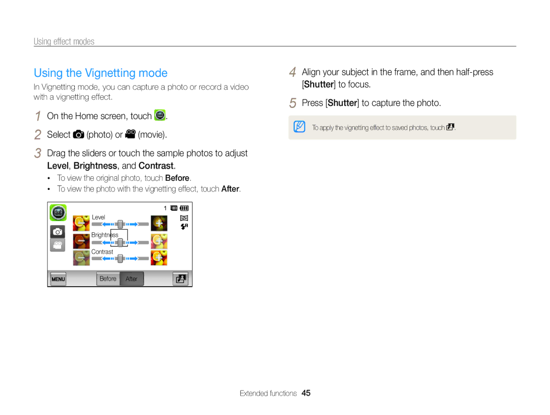 Samsung EC-ST95ZZBPBE1 manual Using the Vignetting mode, To view the photo with the vignetting effect, touch After 