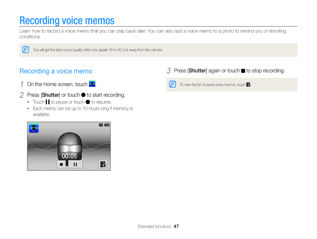 Samsung EC-ST95ZZDPPZA, EC-ST95ZZBPSE1, EC-ST95ZZBPPE1, EC-ST95ZZBPLE1 manual Recording voice memos, Recording a voice memo 