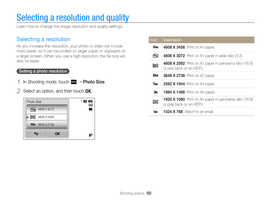 Samsung EC-ST95ZZBPSE3, EC-ST95ZZBPSE1, EC-ST95ZZBPPE1 manual Selecting a resolution and quality, Setting a photo resolution 