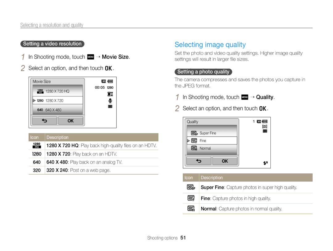 Samsung EC-ST95ZZBPLE3 manual Selecting image quality, Selecting a resolution and quality, Setting a video resolution 