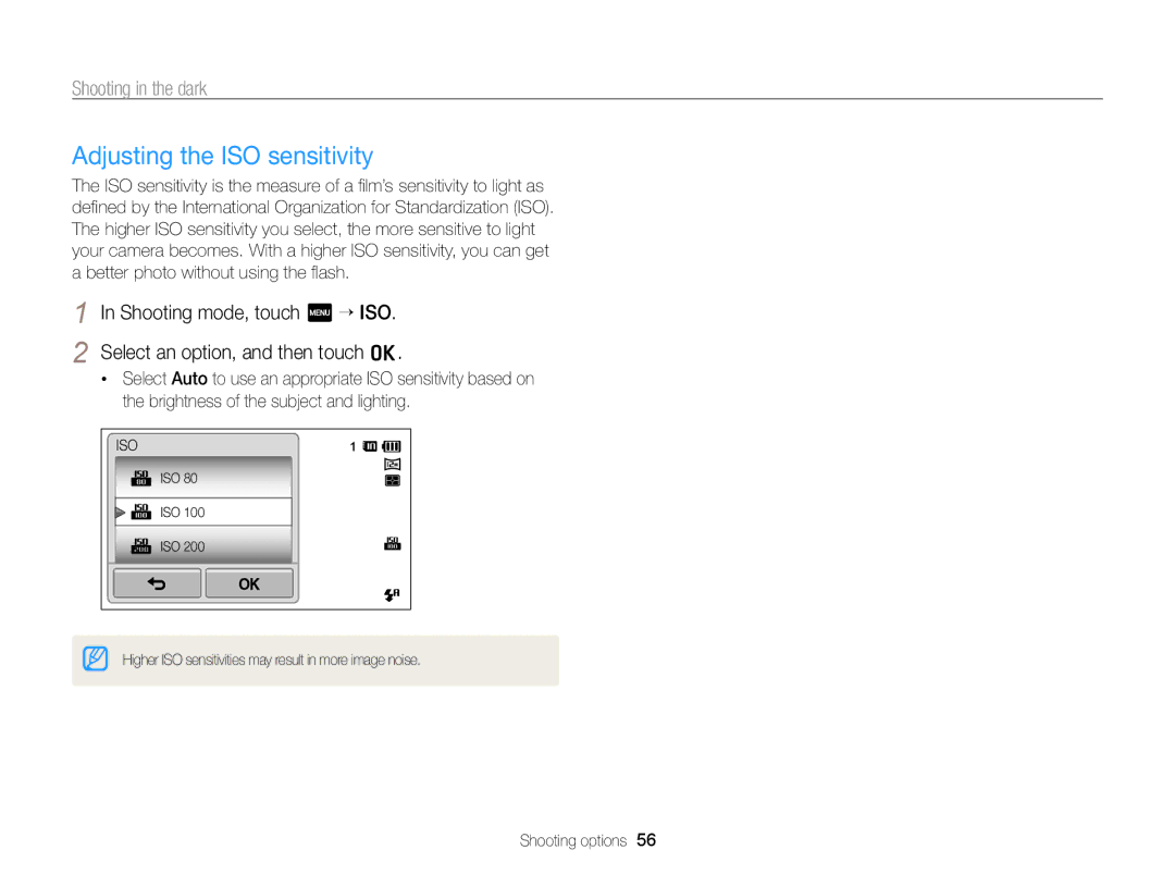 Samsung EC-ST95ZZBPBE2, EC-ST95ZZBPSE1, EC-ST95ZZBPPE1, EC-ST95ZZBPLE1, EC-ST95ZZDPBZA manual Adjusting the ISO sensitivity 