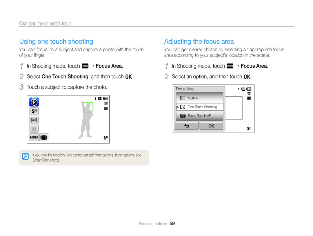 Samsung EC-ST95ZZBPBRU, EC-ST95ZZBPSE1, EC-ST95ZZBPPE1, EC-ST95ZZBPLE1 Using one touch shooting, Adjusting the focus area 