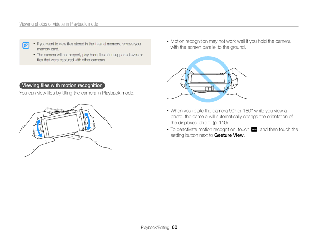 Samsung EC-ST95ZZBPBRU, EC-ST95ZZBPSE1 Viewing photos or videos in Playback mode, Viewing ﬁles with motion recognition 