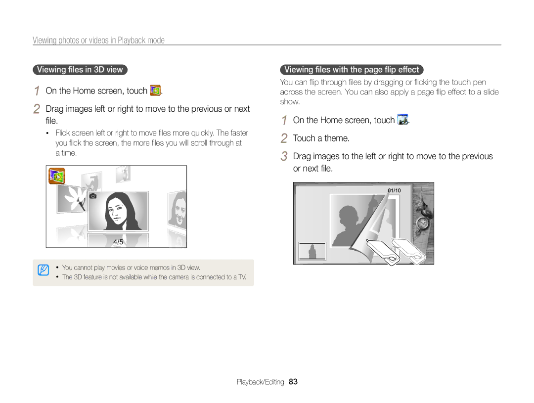 Samsung EC-ST95ZZBPSE1 Touch a theme, Or next ﬁle, Viewing ﬁles in 3D view, Viewing ﬁles with the page ﬂip effect 