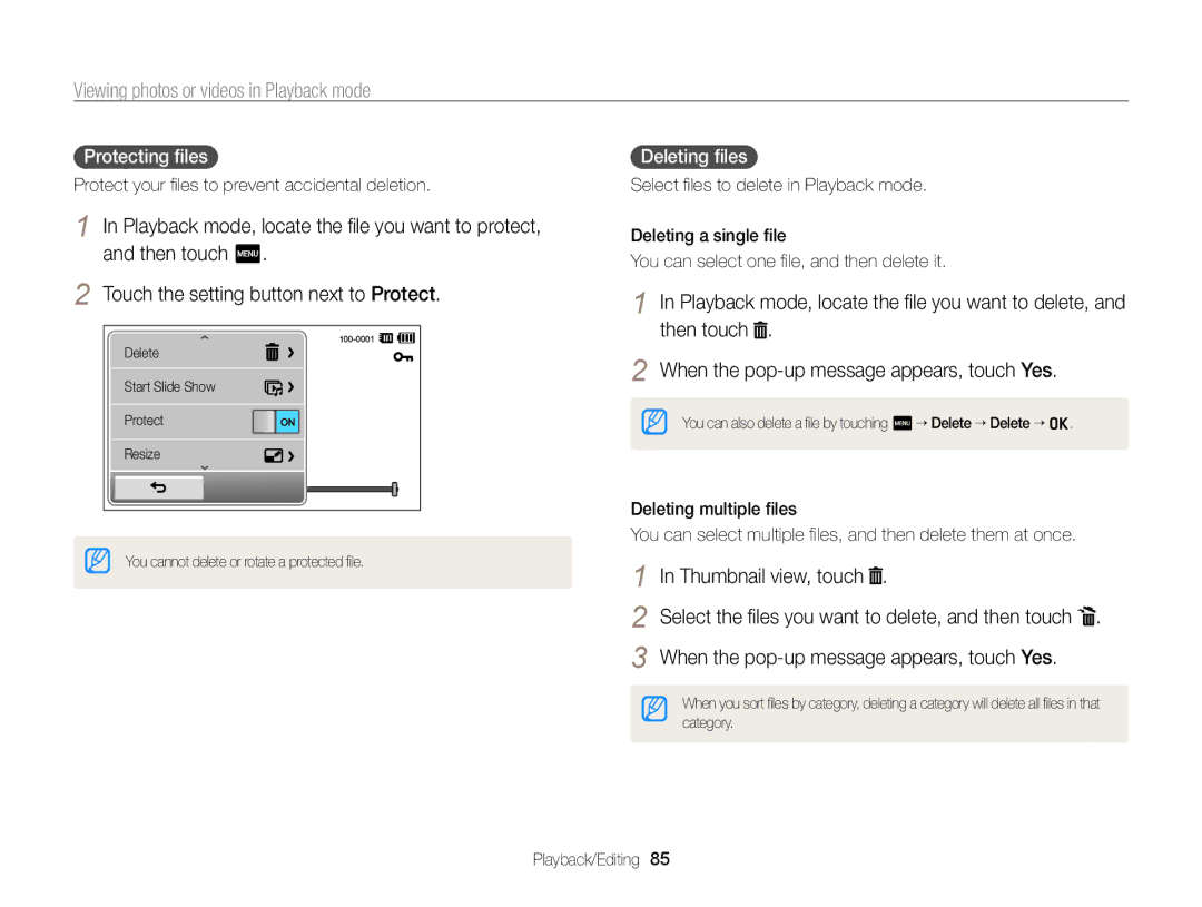 Samsung EC-ST95ZZBPLE1, EC-ST95ZZBPSE1, EC-ST95ZZBPPE1, EC-ST95ZZDPBZA Thumbnail view, touch, Protecting ﬁles, Deleting ﬁles 