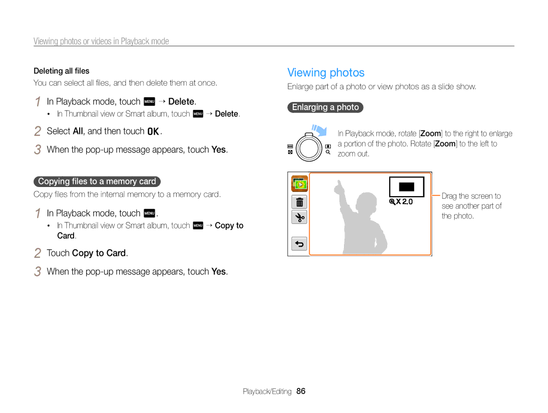 Samsung EC-ST95ZZDPBZA Viewing photos, Playback mode, touch m “ Delete, Copying ﬁles to a memory card, Enlarging a photo 