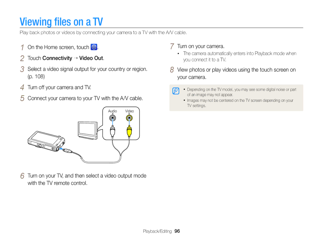 Samsung EC-ST95ZZBPPE2 Viewing ﬁles on a TV, On the Home screen, touch Touch Connectivity “ Video Out, Turn on your camera 