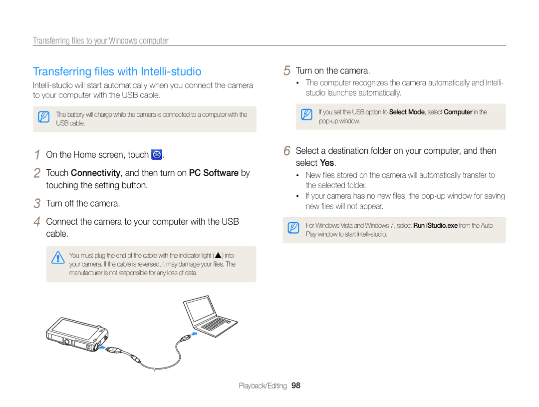 Samsung EC-ST95ZZBPBE2 manual Transferring ﬁles with Intelli-studio, Transferring ﬁles to your Windows computer, Cable 